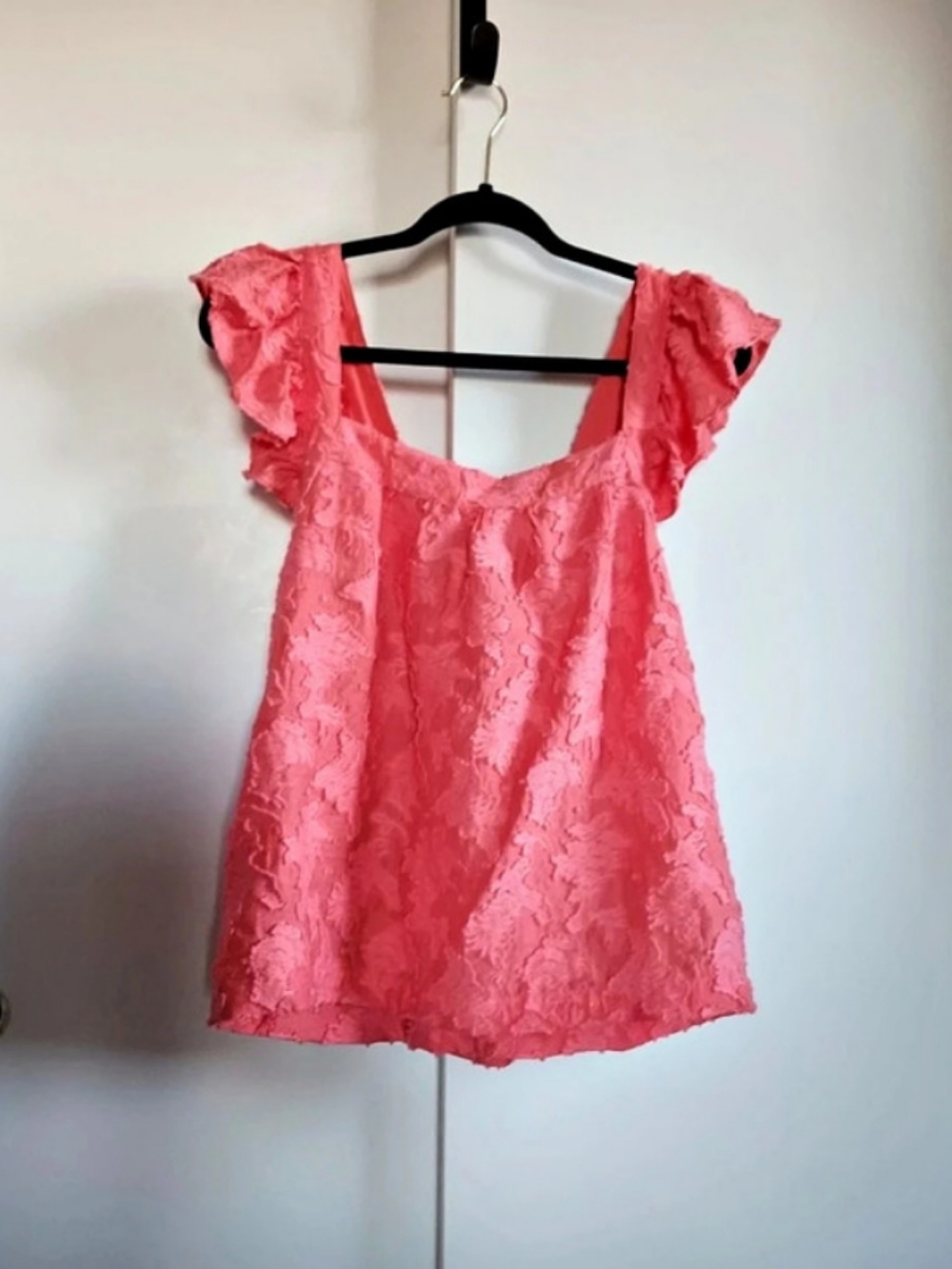 Anthropologie Coral Textured Flutter-Sleeve Square-Neck Top Pink Large